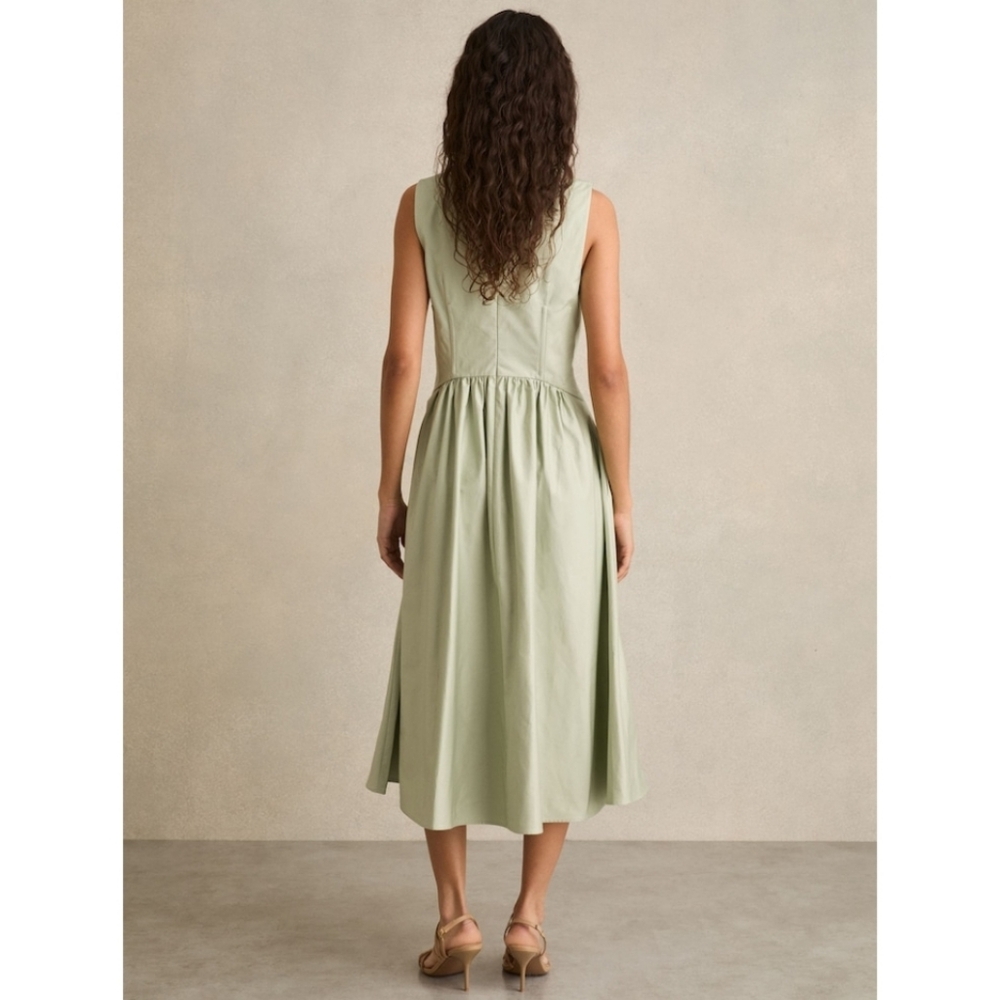 NEW Reiss Liza 100% Cotton Corset Midi Dress in Sage - Picture 3 of 15